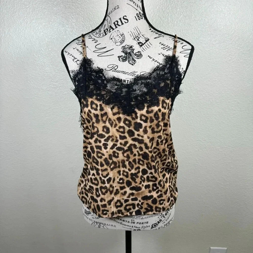 Zara Leopard Spaghetti Strap Camisole Lace Trim Tank Low Back Size Small - Picture 2 of 8
